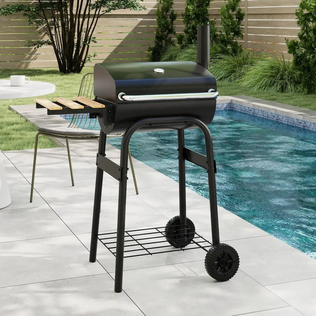 Barrel Charcoal Grill with Foldable Side Table and Thermostat-Black - Black - Outdoor Grills