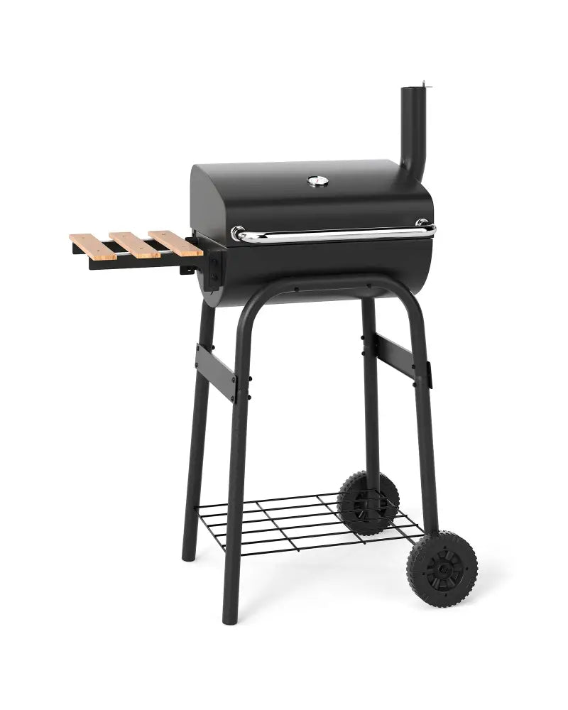 Barrel Charcoal Grill with Foldable Side Table and Thermostat-Black - Black - Outdoor Grills