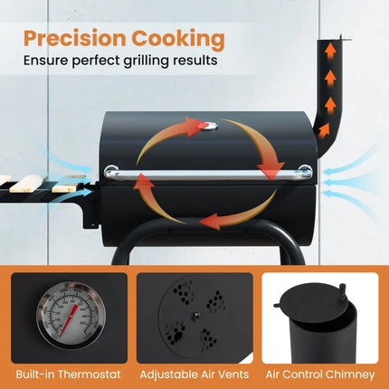 Barrel Charcoal Grill with Foldable Side Table and Thermostat-Black - Black - Outdoor Grills