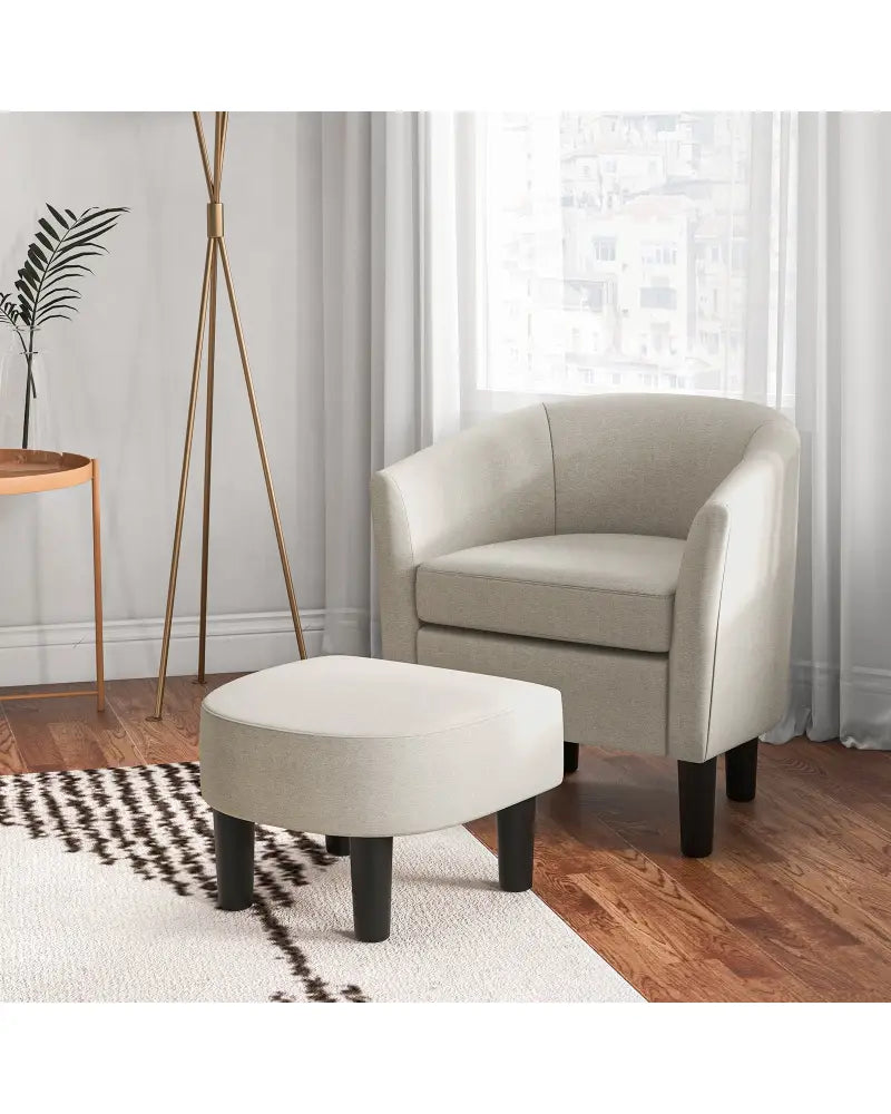 Barrel Club Chair with Ottoman Set Linen Fabric Accent Chair with Footrest-Beige - Beige - Accent Chairs