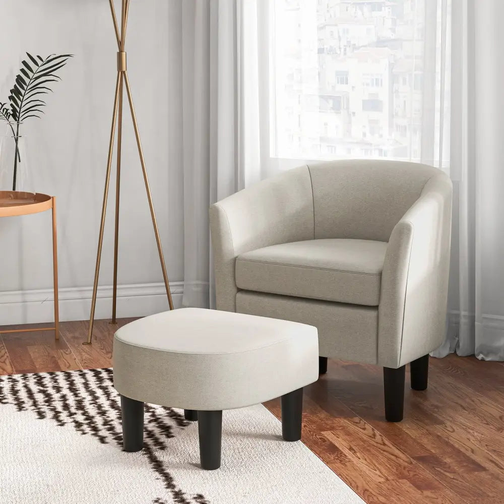 Barrel Club Chair with Ottoman Set Linen Fabric Accent Chair with Footrest-Beige - Beige - Accent Chairs