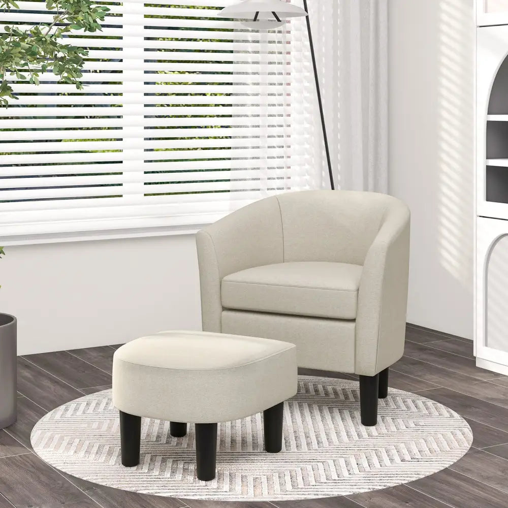 Barrel Club Chair with Ottoman Set Linen Fabric Accent Chair with Footrest-Beige - Beige - Accent Chairs