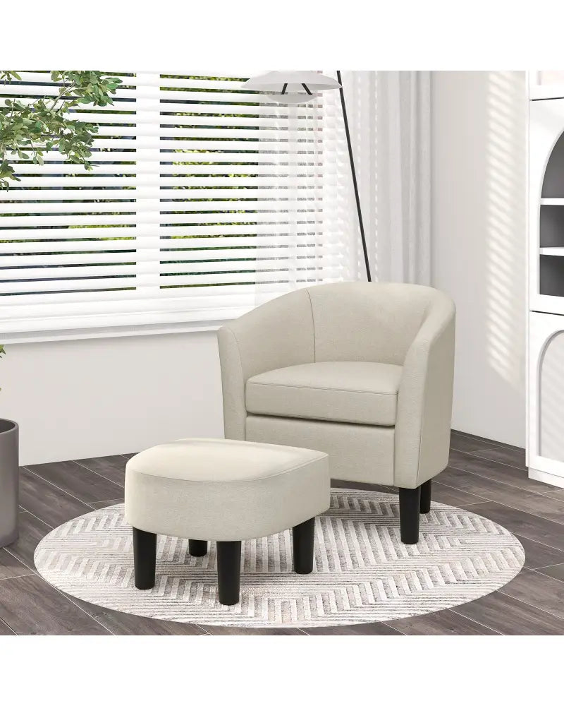 Barrel Club Chair with Ottoman Set Linen Fabric Accent Chair with Footrest-Beige - Beige - Accent Chairs