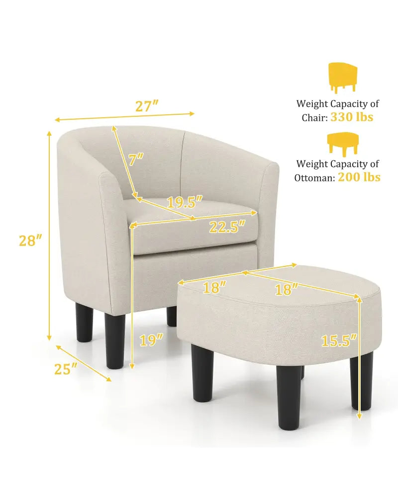 Barrel Club Chair with Ottoman Set Linen Fabric Accent Chair with Footrest-Beige - Beige - Accent Chairs