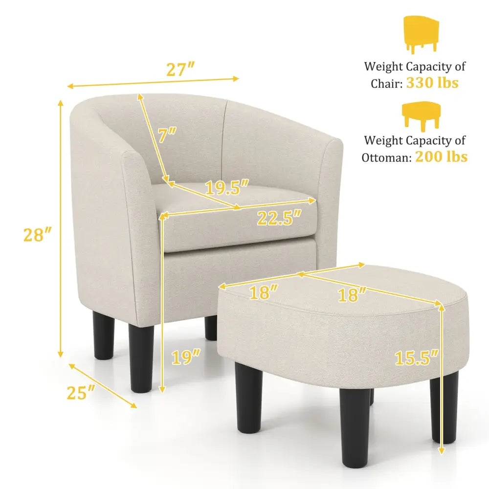 Barrel Club Chair with Ottoman Set Linen Fabric Accent Chair with Footrest-Beige - Beige - Accent Chairs