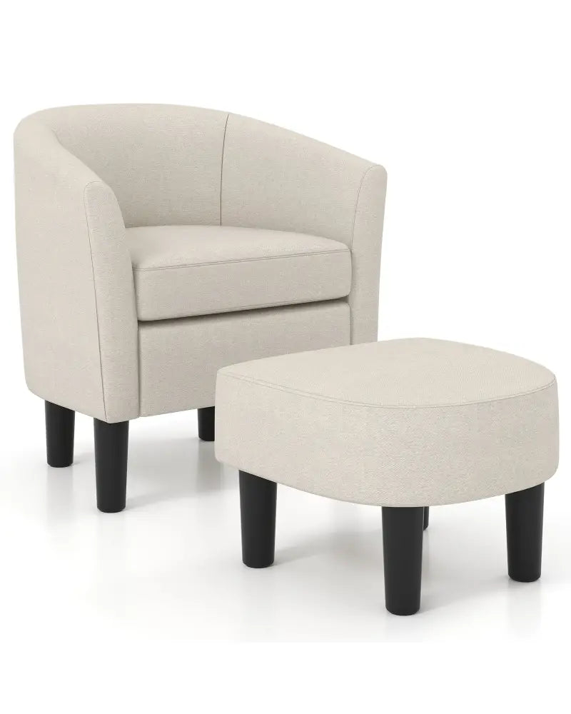 Barrel Club Chair with Ottoman Set Linen Fabric Accent Chair with Footrest-Beige - Beige - Accent Chairs