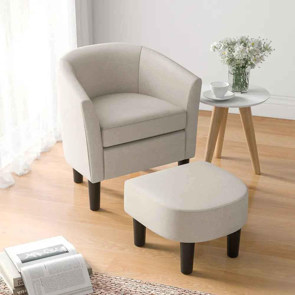 Barrel Club Chair with Ottoman Set Linen Fabric Accent Chair with Footrest-Beige - Beige - Accent Chairs