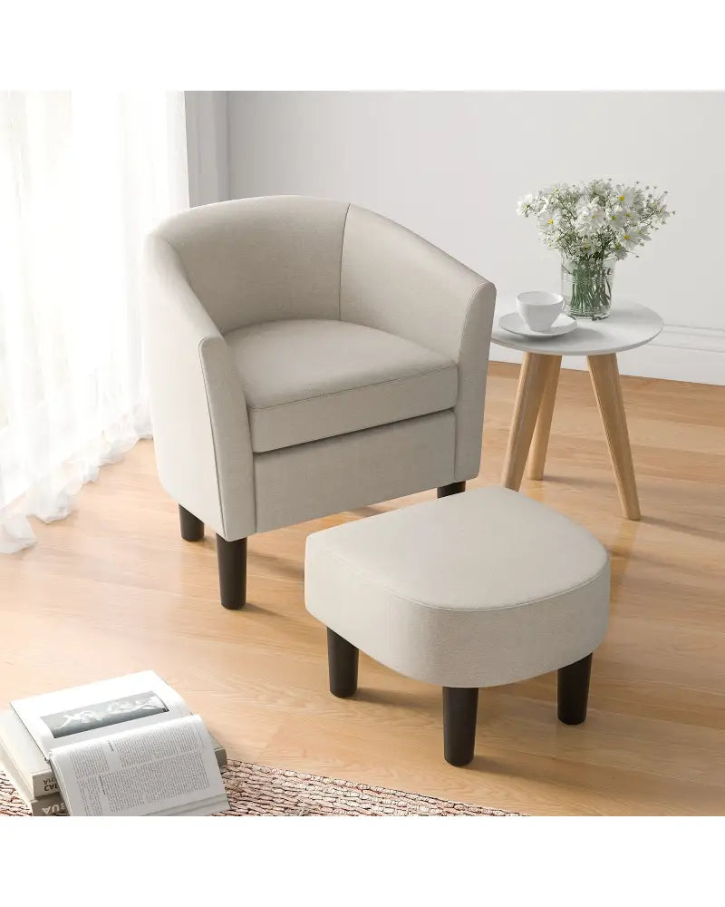 Barrel Club Chair with Ottoman Set Linen Fabric Accent Chair with Footrest-Beige - Beige - Accent Chairs