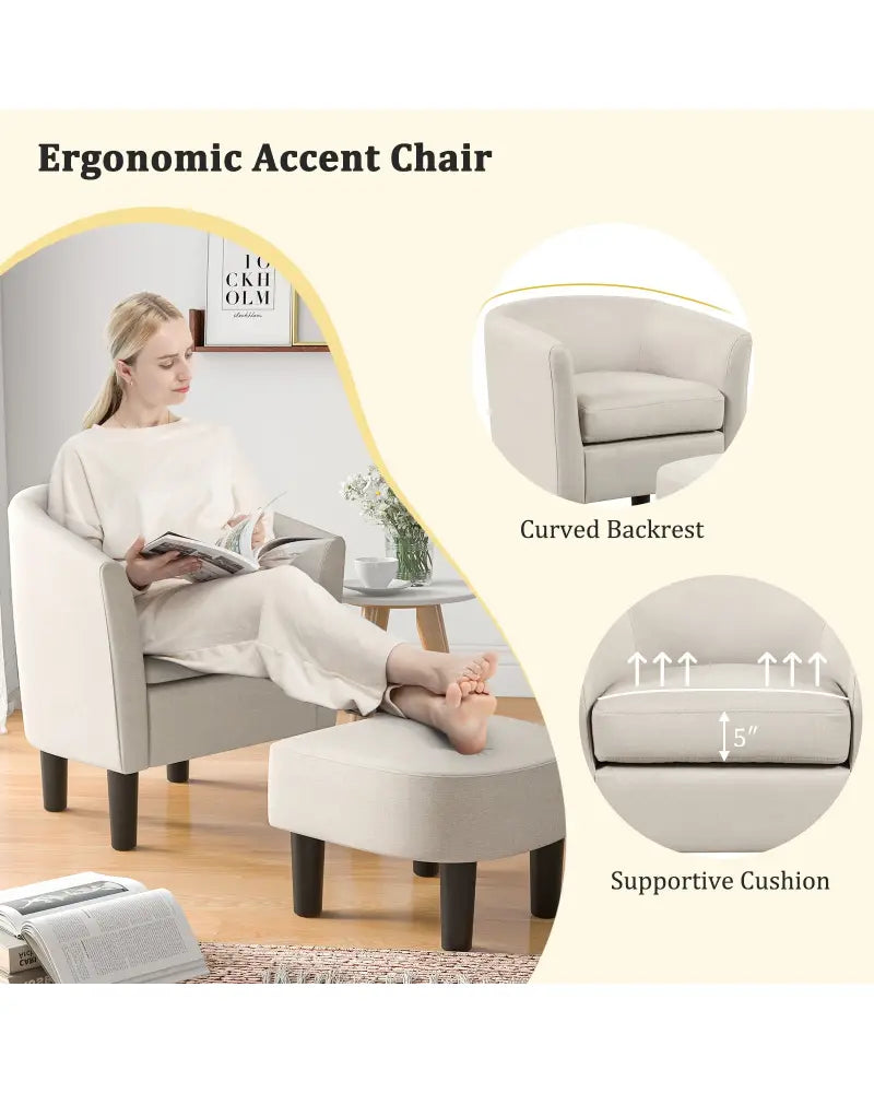 Barrel Club Chair with Ottoman Set Linen Fabric Accent Chair with Footrest-Beige - Beige - Accent Chairs