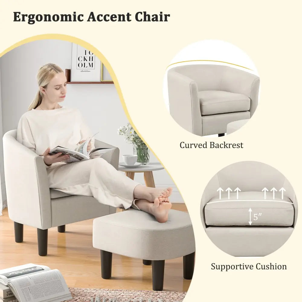 Barrel Club Chair with Ottoman Set Linen Fabric Accent Chair with Footrest-Beige - Beige - Accent Chairs