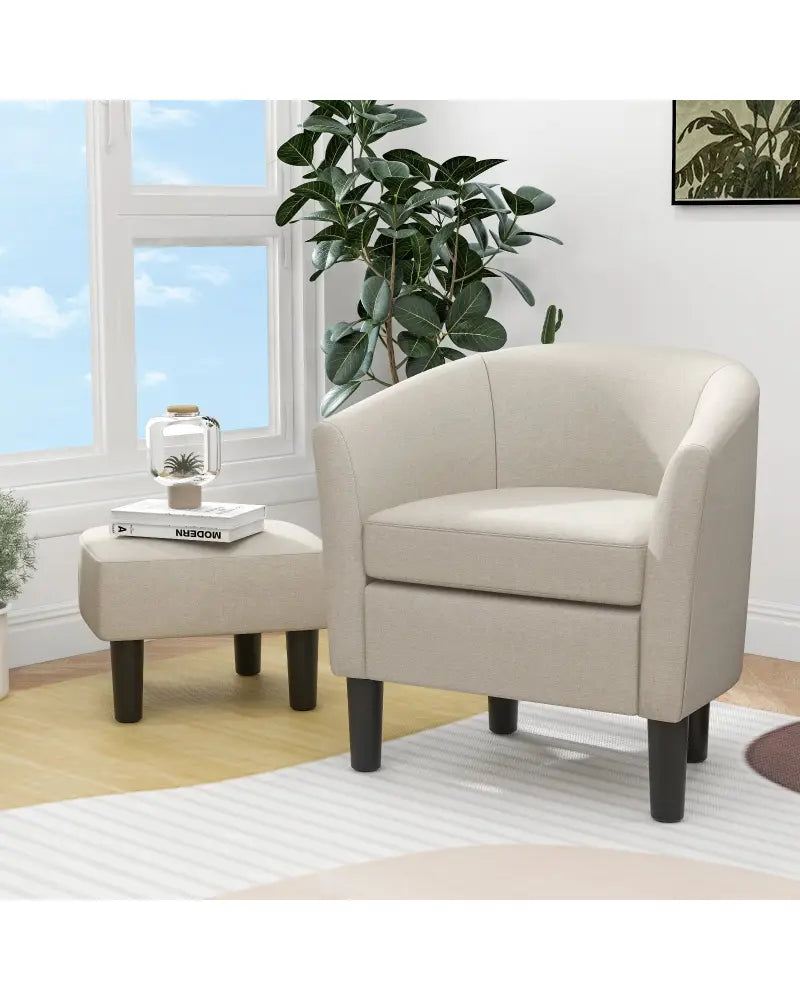 Barrel Club Chair with Ottoman Set Linen Fabric Accent Chair with Footrest-Beige - Beige - Accent Chairs