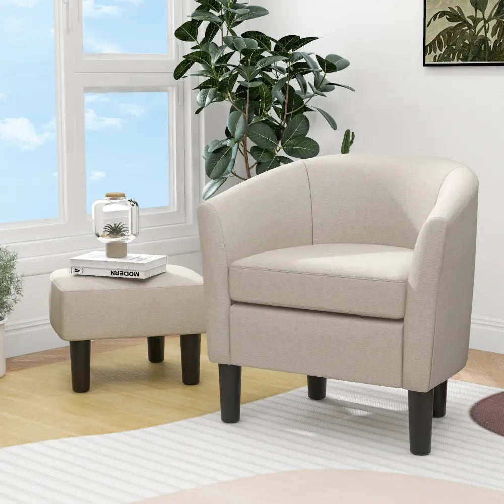 Barrel Club Chair with Ottoman Set Linen Fabric Accent Chair with Footrest-Beige - Beige - Accent Chairs