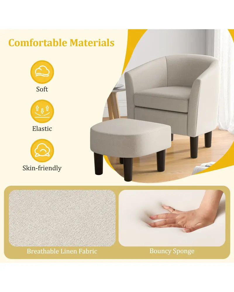 Barrel Club Chair with Ottoman Set Linen Fabric Accent Chair with Footrest-Beige - Beige - Accent Chairs