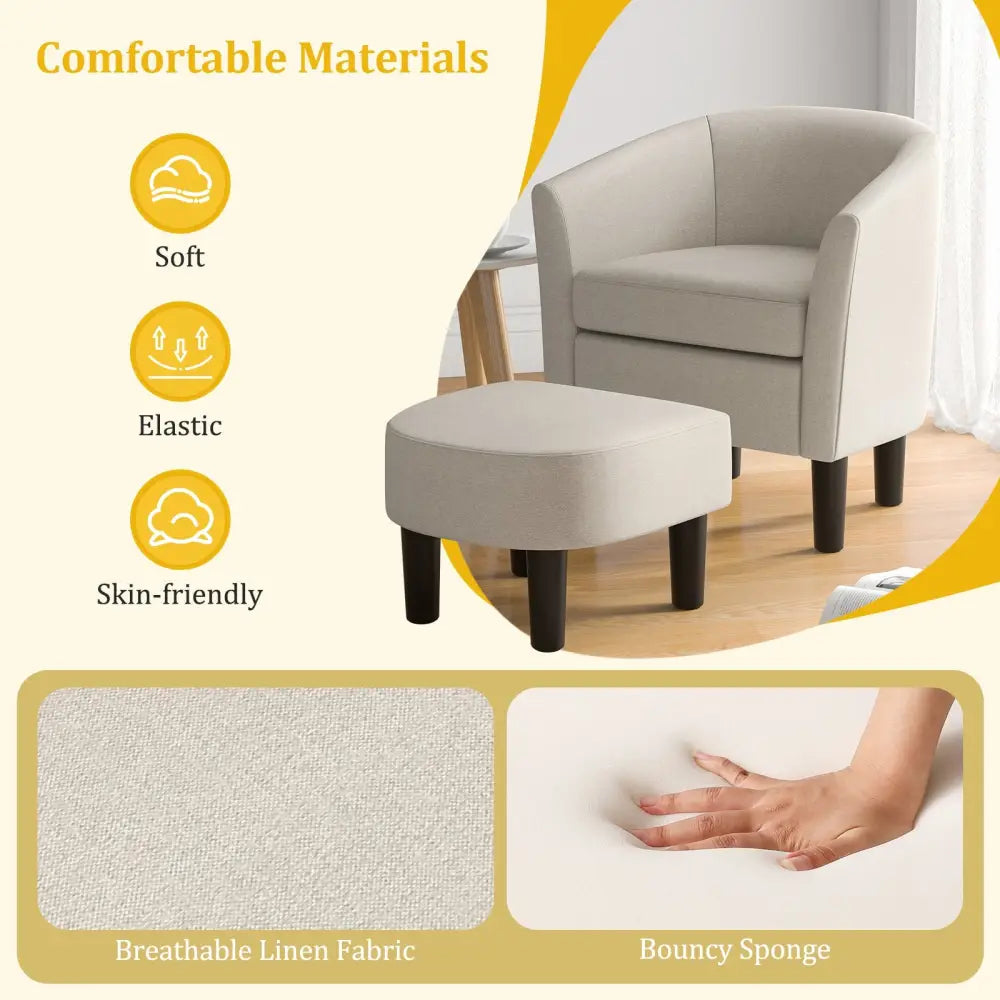 Barrel Club Chair with Ottoman Set Linen Fabric Accent Chair with Footrest-Beige - Beige - Accent Chairs