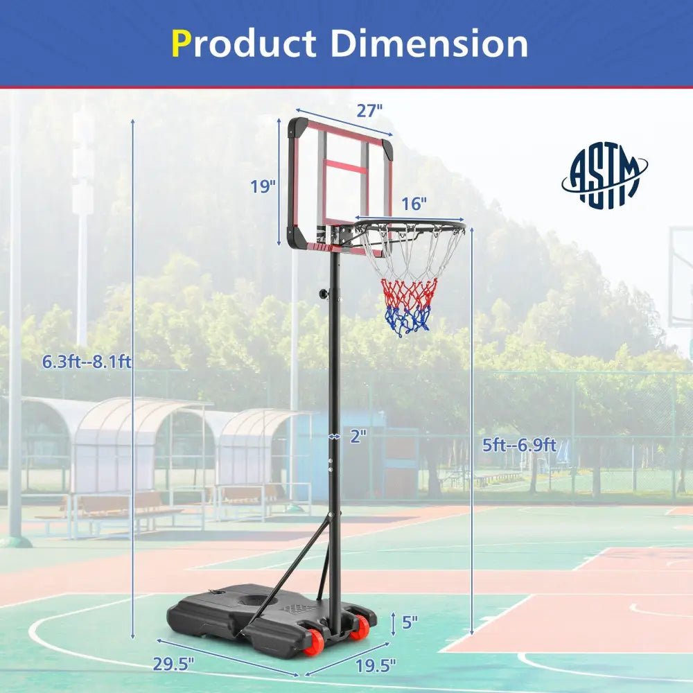 Basketball Hoop Stand 5 Feet-6.8 Feet Height Adjustable - Black - Sport Equipments