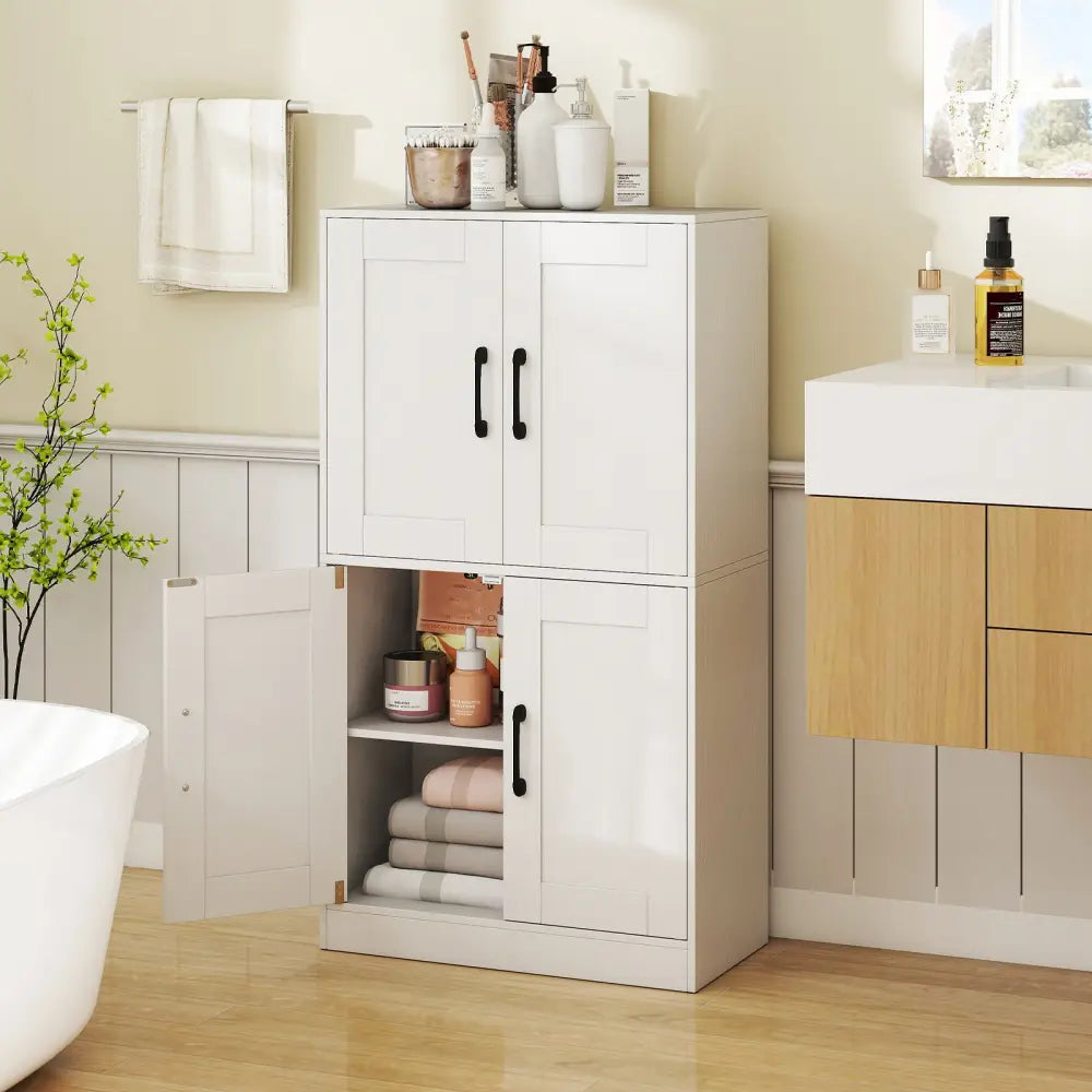 Bathroom Cabinet 43.5 inch Storage Cabinet with Doors and Adjustable Shelves-White - White - Floor Cabinets