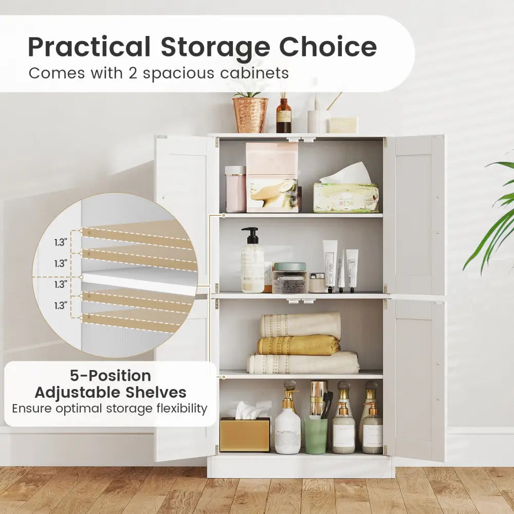 Bathroom Cabinet 43.5 inch Storage Cabinet with Doors and Adjustable Shelves-White - White - Floor Cabinets