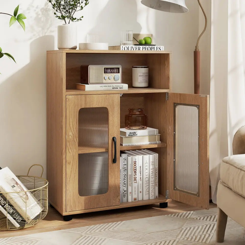 Bathroom Cabinet Freestanding Cabinet with 2 Doors and 3-Level Adjustable Shelf-Natural - Natural - Floor Cabinets