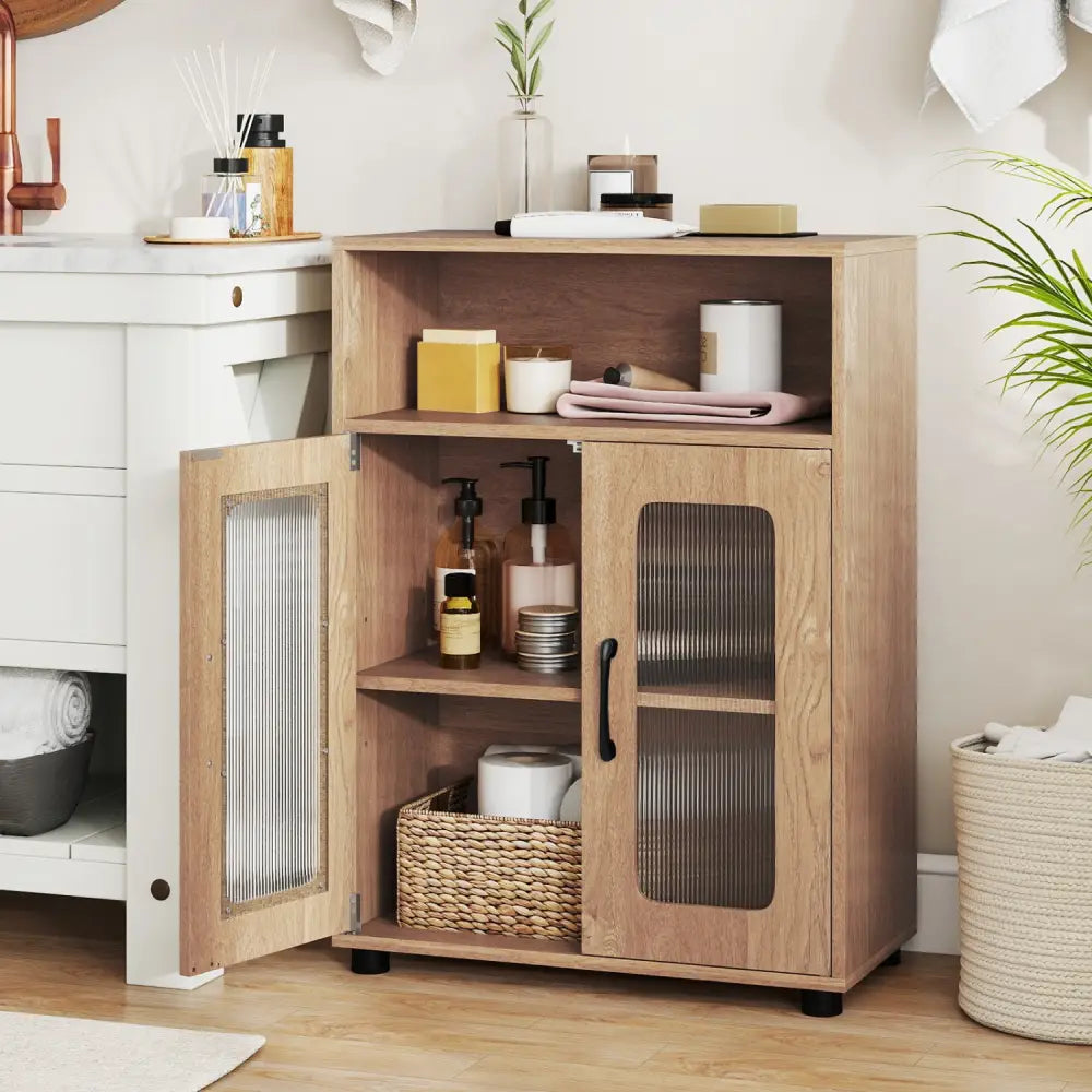 Bathroom Cabinet Freestanding Cabinet with 2 Doors and 3-Level Adjustable Shelf-Natural - Natural - Floor Cabinets