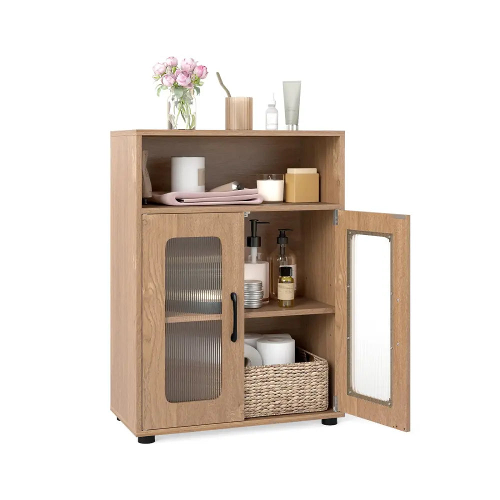 Bathroom Cabinet Freestanding Cabinet with 2 Doors and 3-Level Adjustable Shelf-Natural - Natural - Floor Cabinets