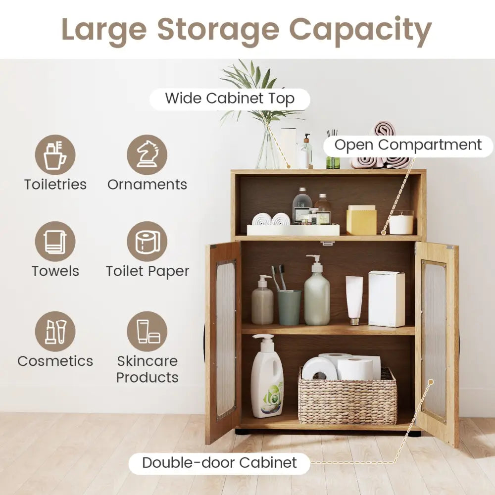 Bathroom Cabinet Freestanding Cabinet with 2 Doors and 3-Level Adjustable Shelf-Natural - Natural - Floor Cabinets
