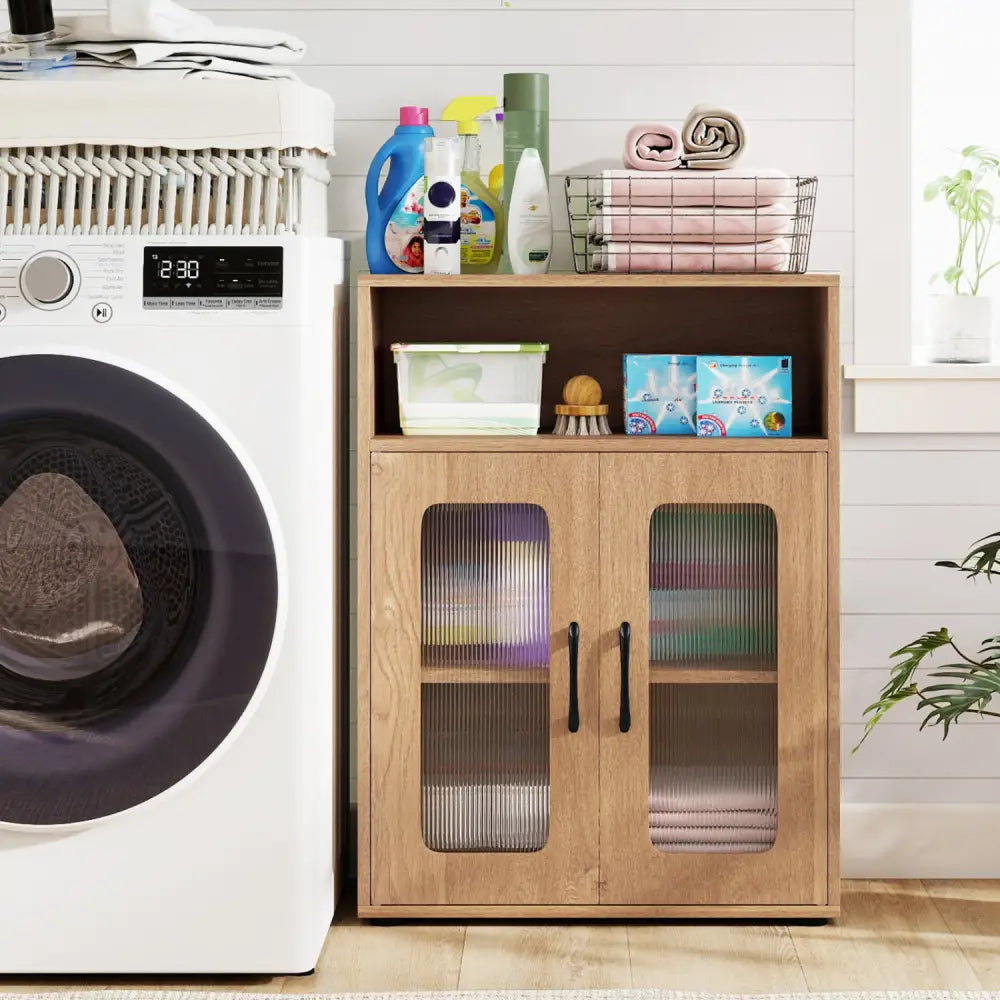 Bathroom Cabinet Freestanding Cabinet with 2 Doors and 3-Level Adjustable Shelf-Natural - Natural - Floor Cabinets