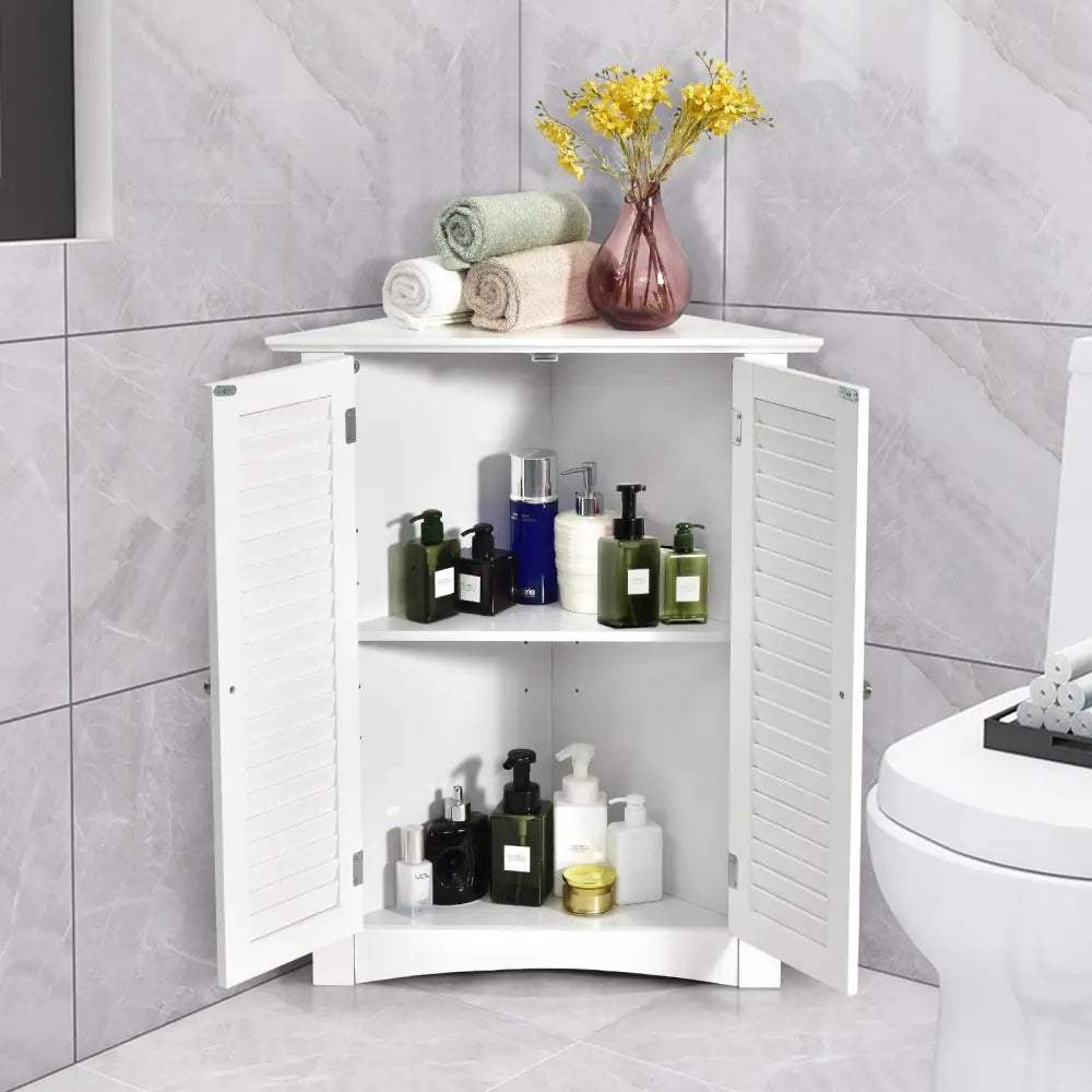 Bathroom Corner Storage Freestanding Floor Cabinet with Shutter Door-White - White - Floor Cabinets