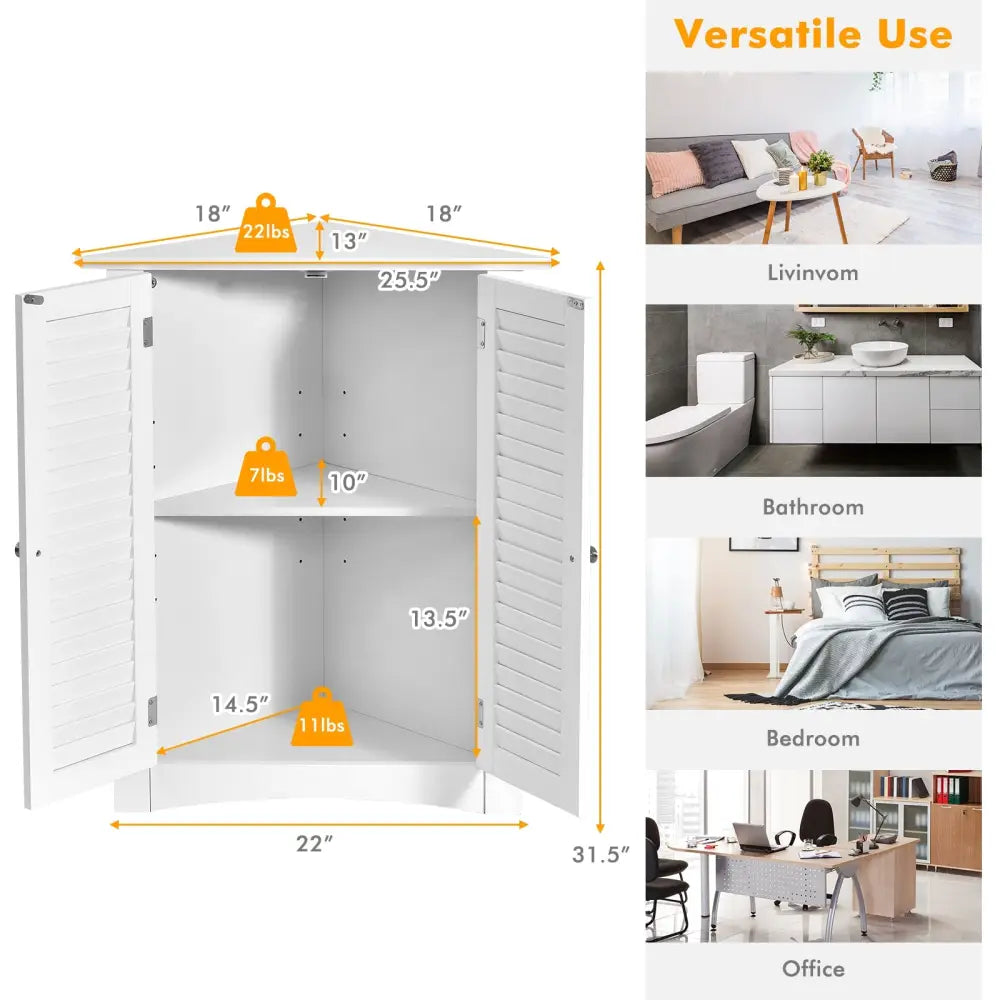 Bathroom Corner Storage Freestanding Floor Cabinet with Shutter Door-White - White - Floor Cabinets