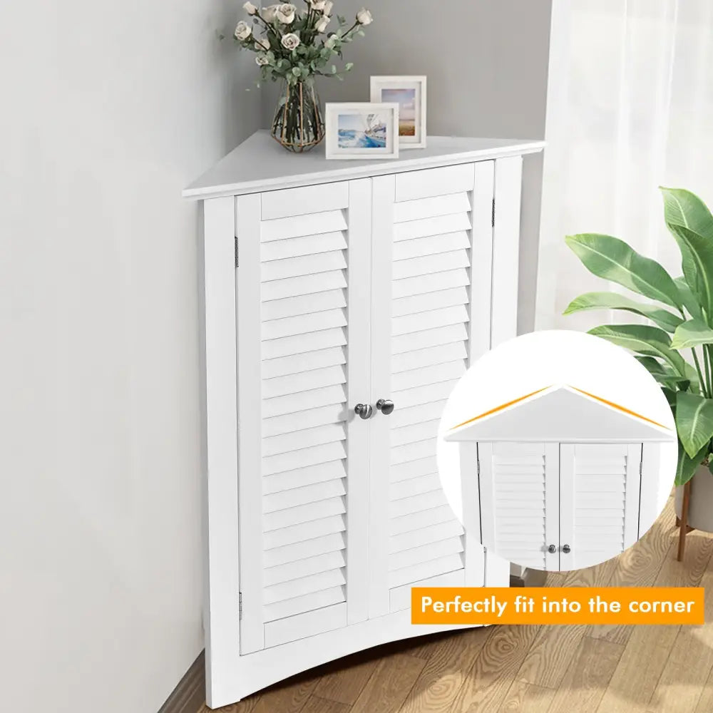 Bathroom Corner Storage Freestanding Floor Cabinet with Shutter Door-White - White - Floor Cabinets