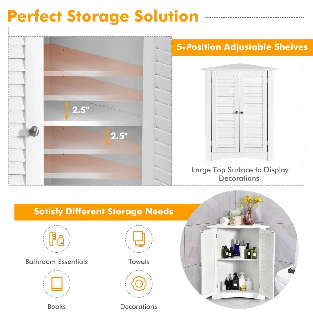 Bathroom Corner Storage Freestanding Floor Cabinet with Shutter Door-White - White - Floor Cabinets