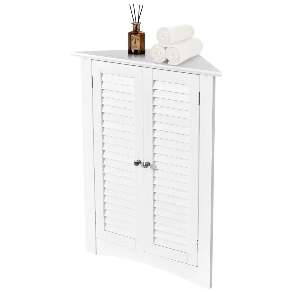Bathroom Corner Storage Freestanding Floor Cabinet with Shutter Door-White - White - Floor Cabinets