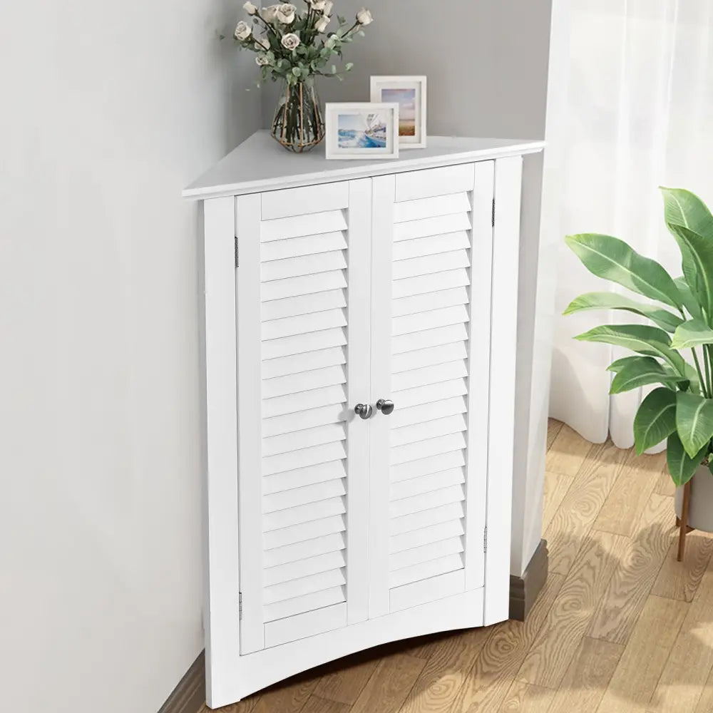 Bathroom Corner Storage Freestanding Floor Cabinet with Shutter Door-White - White - Floor Cabinets