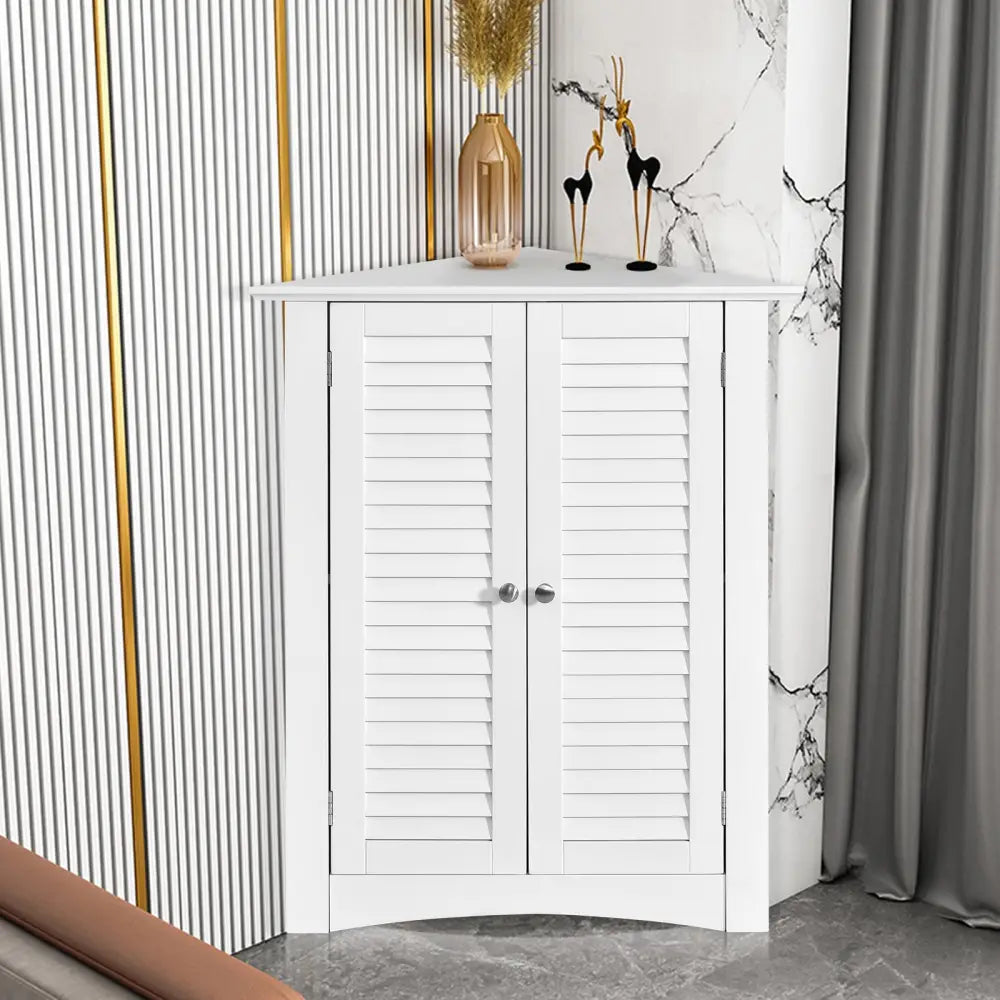 Bathroom Corner Storage Freestanding Floor Cabinet with Shutter Door-White - White - Floor Cabinets