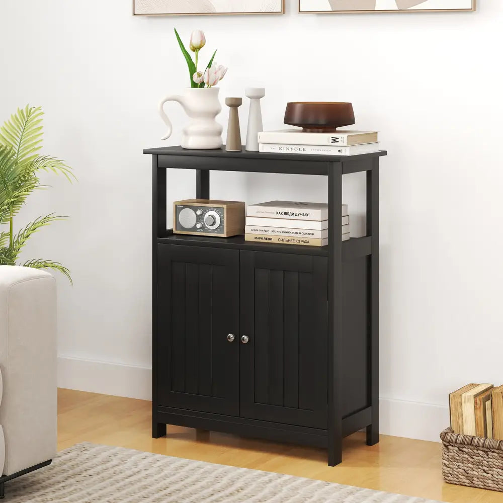 Bathroom Floor Cabinet Freestanding Storage Organizer with Open Compartment-Black - Black - Floor Cabinets