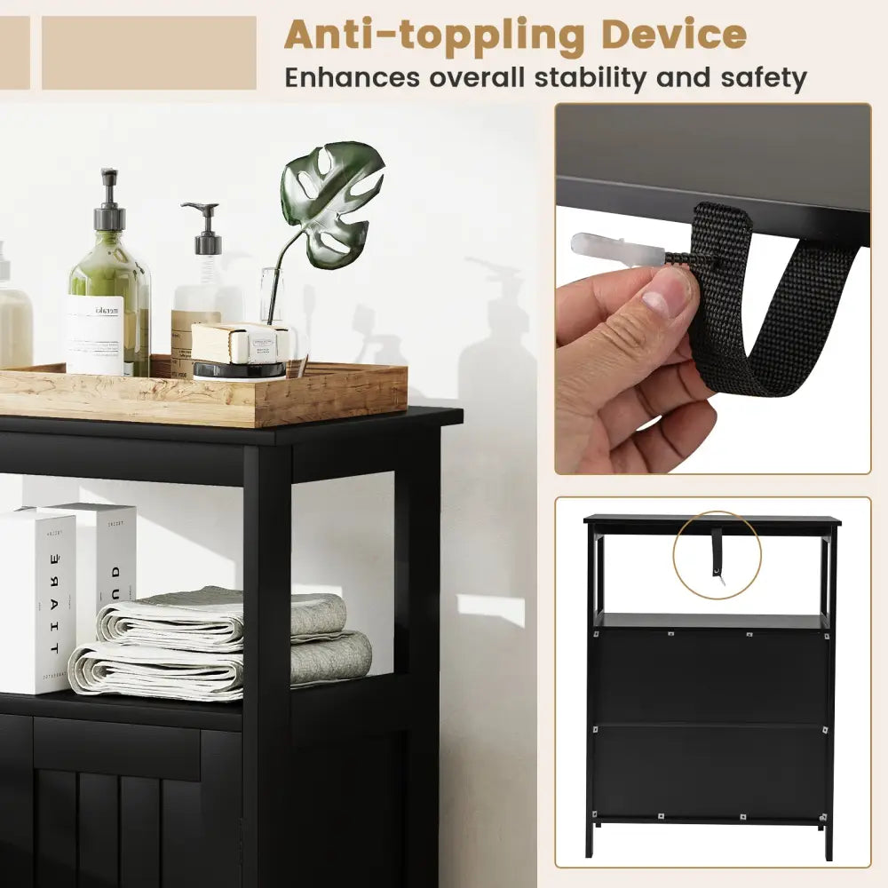 Bathroom Floor Cabinet Freestanding Storage Organizer with Open Compartment-Black - Black - Floor Cabinets