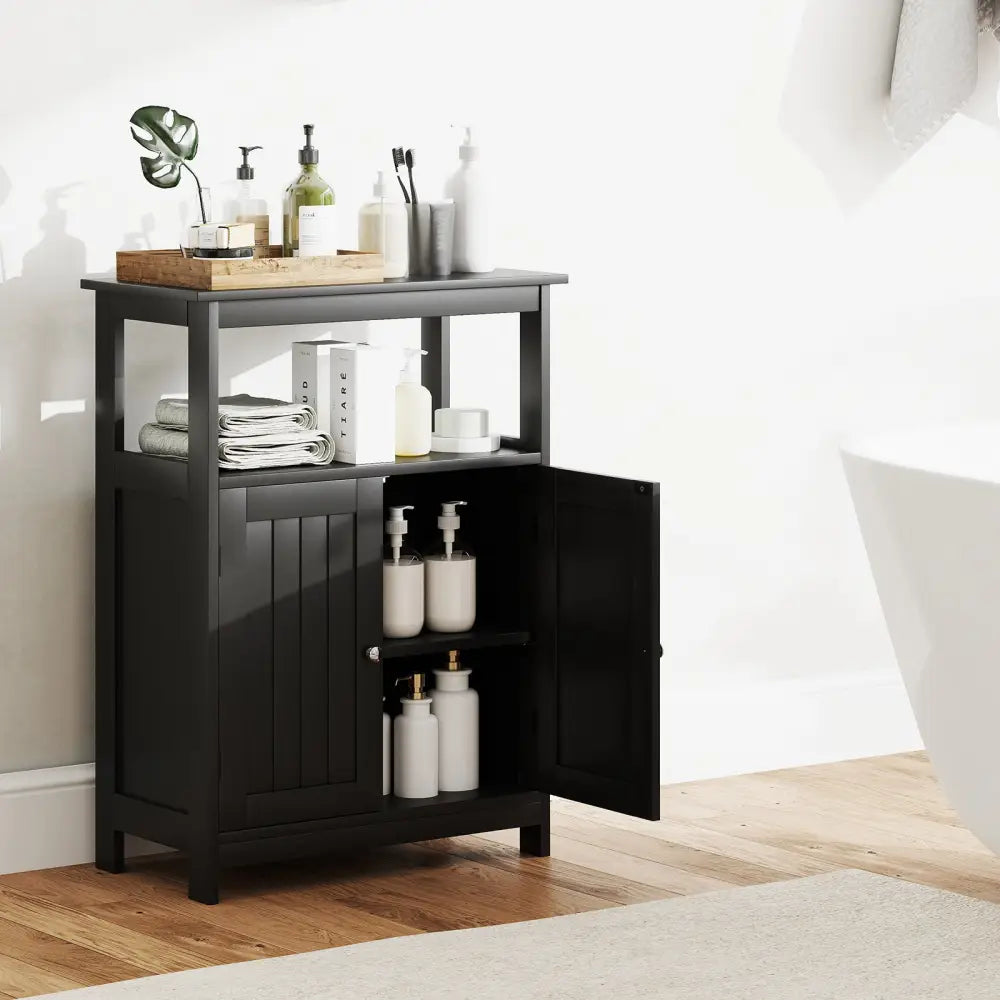 Bathroom Floor Cabinet Freestanding Storage Organizer with Open Compartment-Black - Black - Floor Cabinets