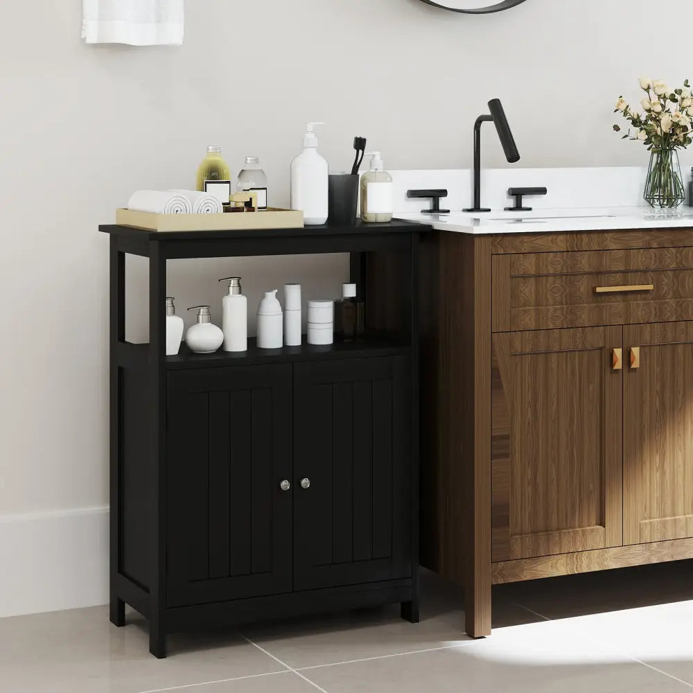 Bathroom Floor Cabinet Freestanding Storage Organizer with Open Compartment-Black - Black - Floor Cabinets