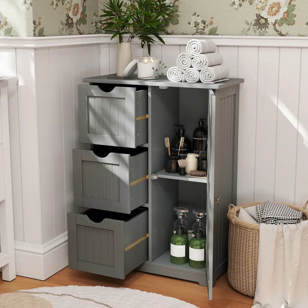 Bathroom Floor Cabinet Side Storage Cabinet with 3 Drawers and 1 Cupboard-Gray - Gray - Floor Cabinets