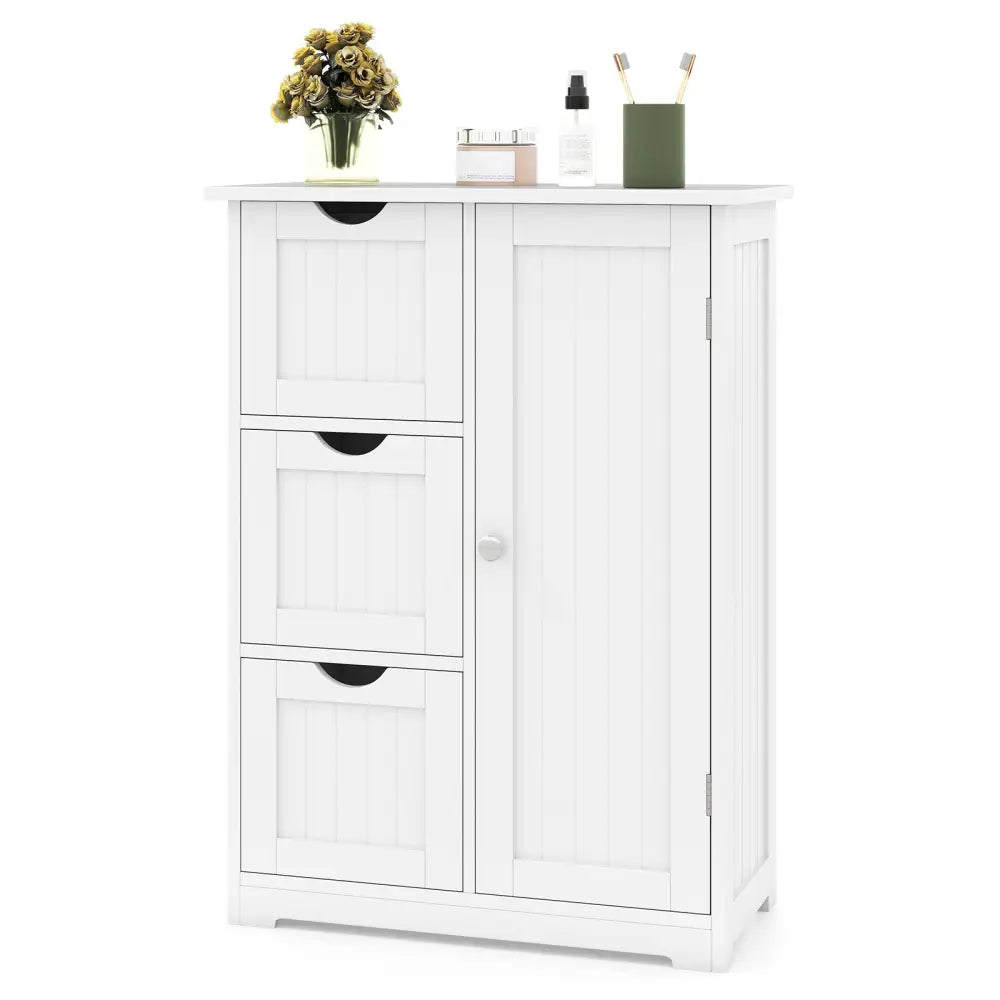 Bathroom Floor Cabinet Side Storage Cabinet with 3 Drawers and 1 Cupboard-White - White - Floor Cabinets