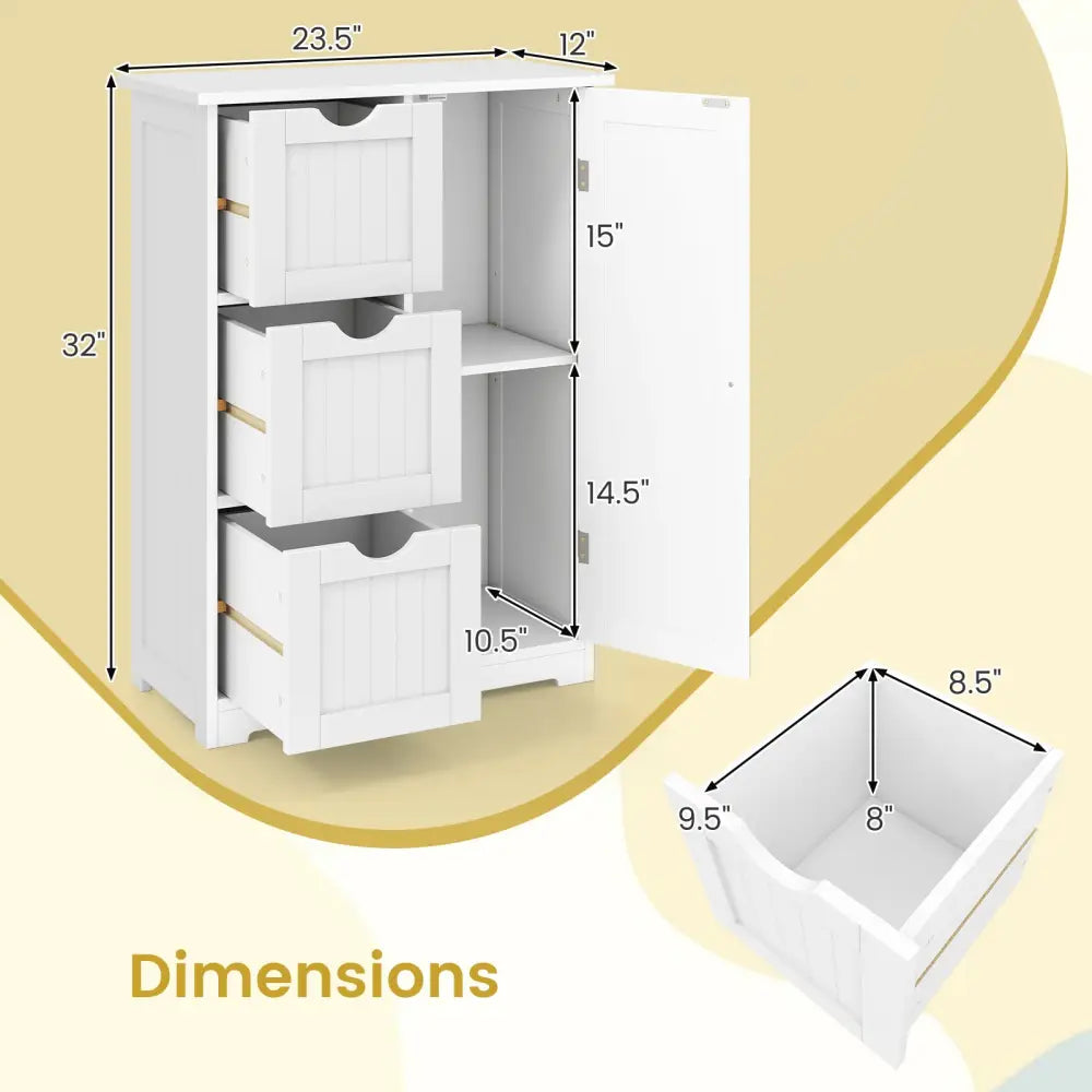 Bathroom Floor Cabinet Side Storage Cabinet with 3 Drawers and 1 Cupboard-White - White - Floor Cabinets