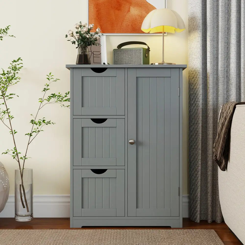Bathroom Floor Cabinet Side Storage Cabinet with 3 Drawers and 1 Cupboard-Gray - Gray - Floor Cabinets
