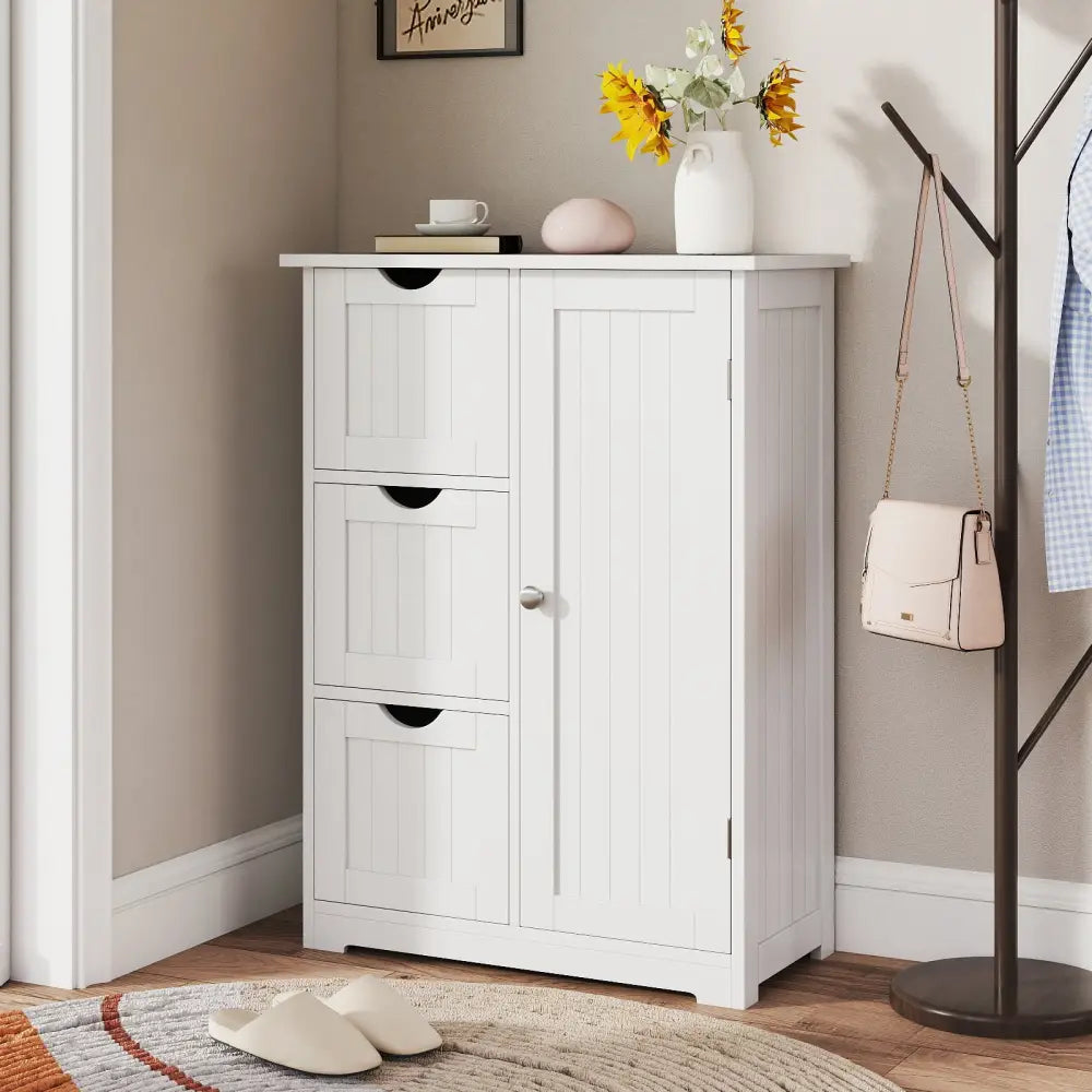 Bathroom Floor Cabinet Side Storage Cabinet with 3 Drawers and 1 Cupboard-White - White - Floor Cabinets