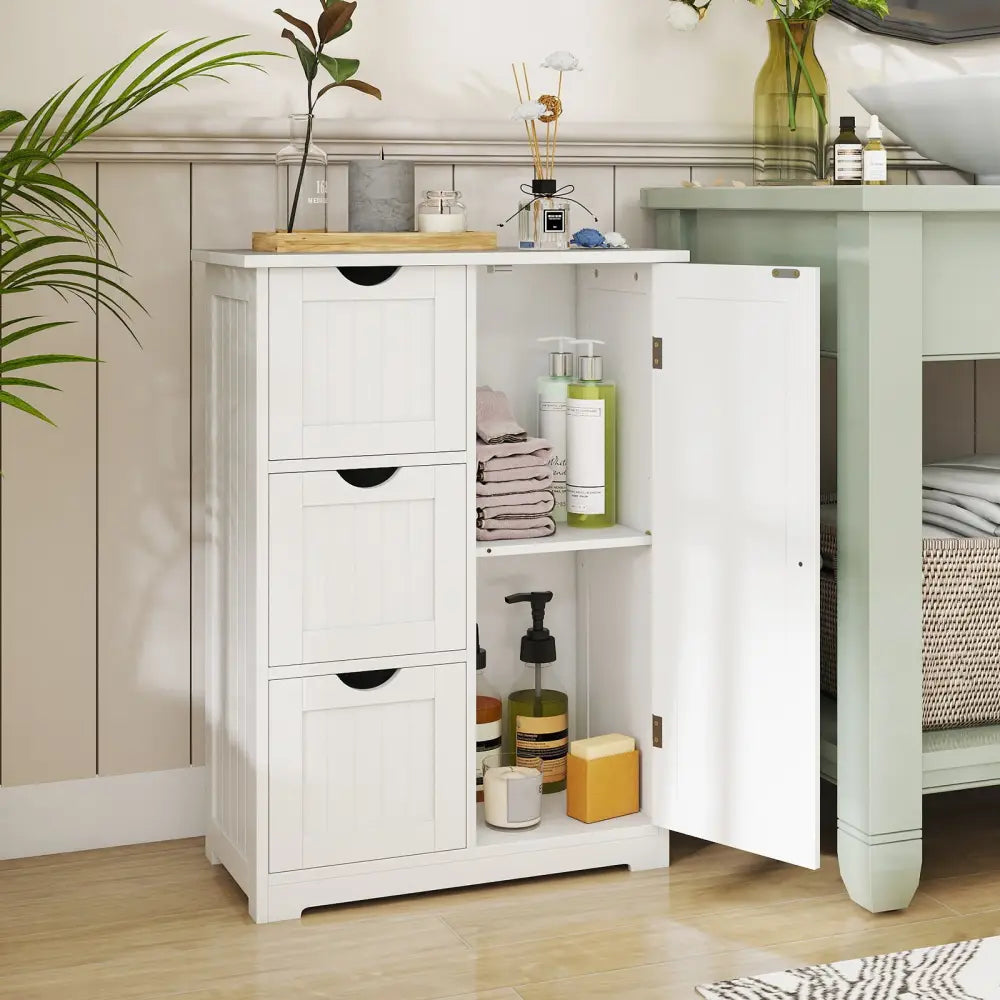 Bathroom Floor Cabinet Side Storage Cabinet with 3 Drawers and 1 Cupboard-White - White - Floor Cabinets