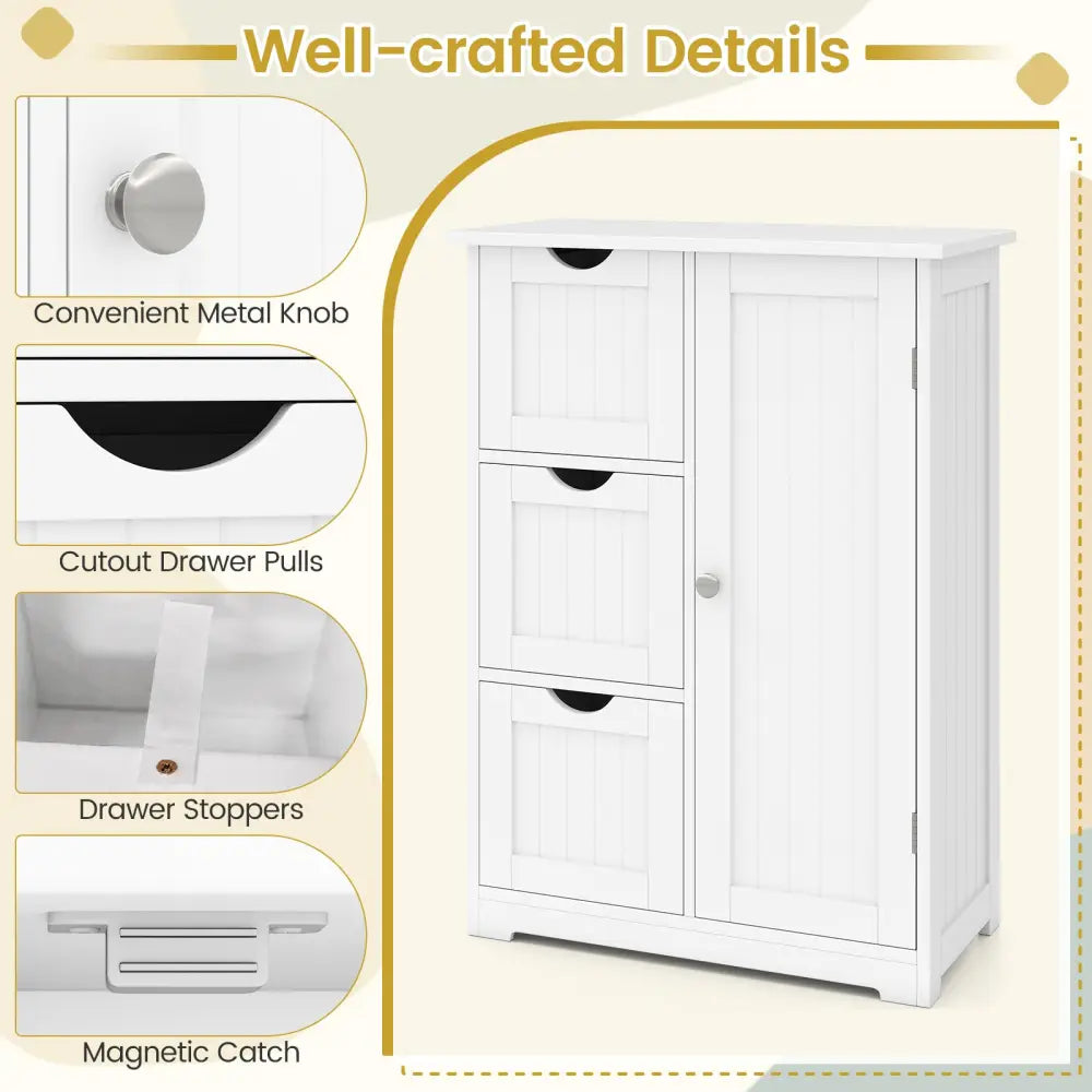 Bathroom Floor Cabinet Side Storage Cabinet with 3 Drawers and 1 Cupboard-White - White - Floor Cabinets