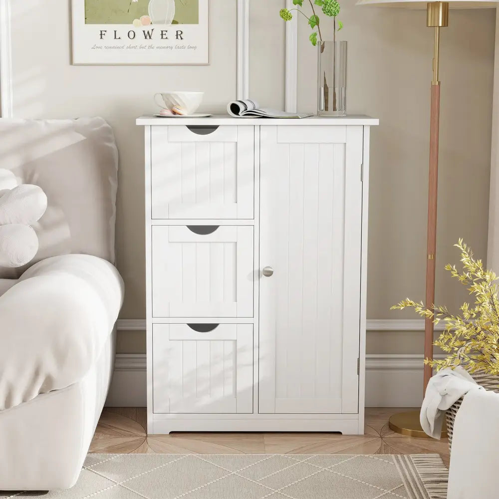 Bathroom Floor Cabinet Side Storage Cabinet with 3 Drawers and 1 Cupboard-White - White - Floor Cabinets