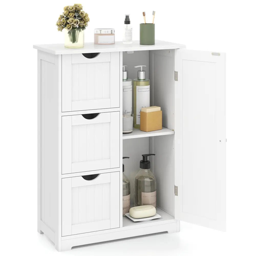 Bathroom Floor Cabinet Side Storage Cabinet with 3 Drawers and 1 Cupboard-White - White - Floor Cabinets