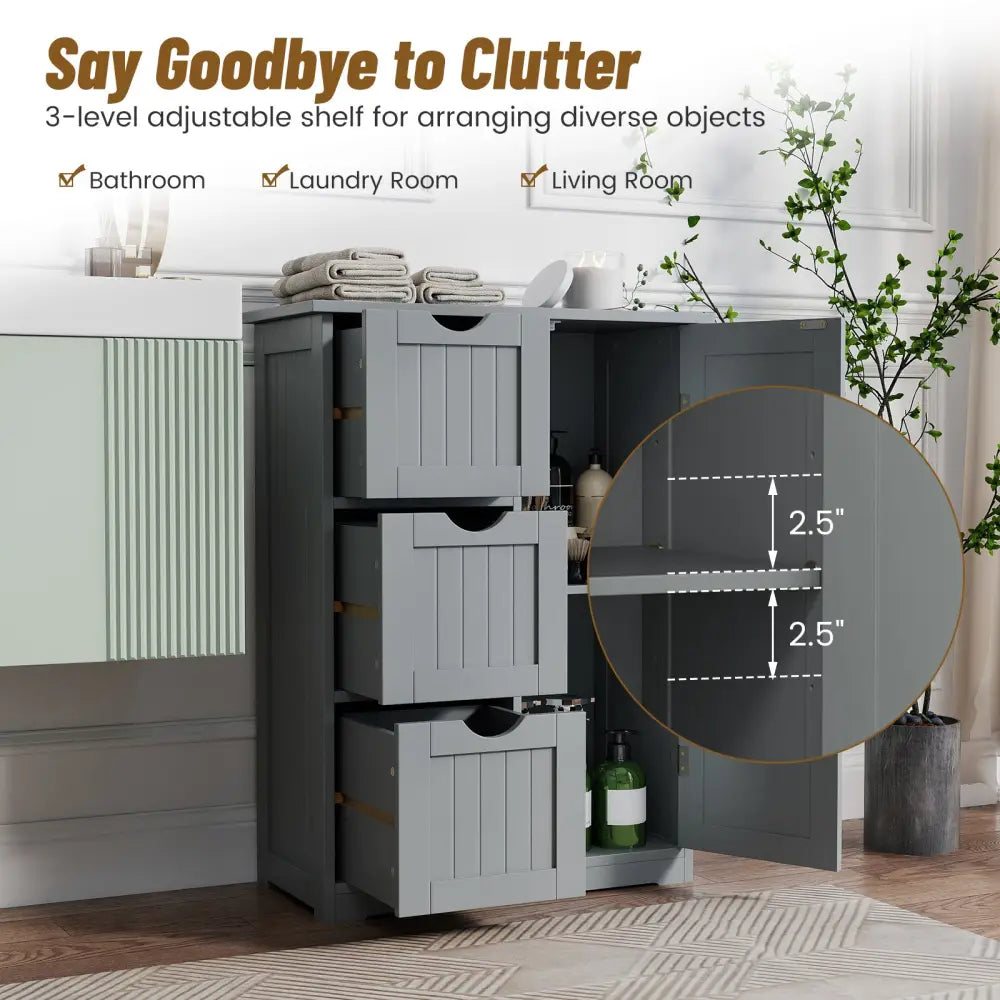 Bathroom Floor Cabinet Side Storage Cabinet with 3 Drawers and 1 Cupboard-Gray - Gray - Floor Cabinets