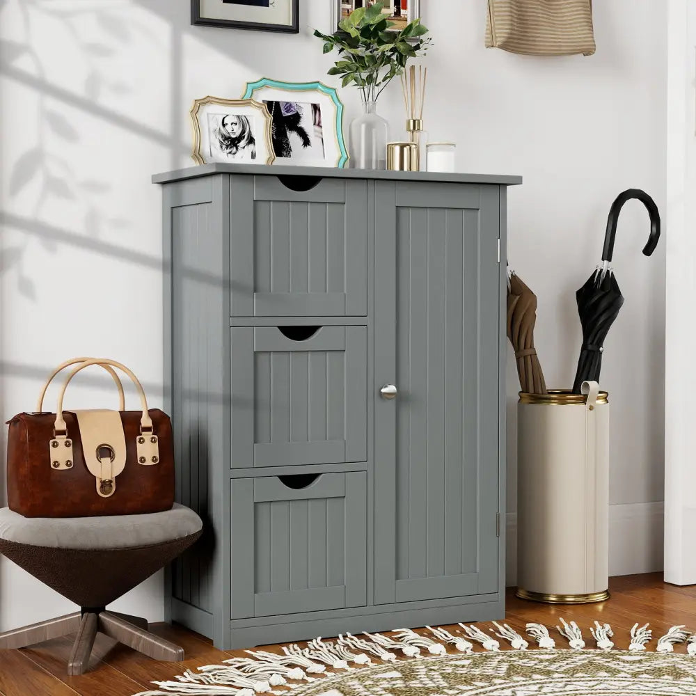Bathroom Floor Cabinet Side Storage Cabinet with 3 Drawers and 1 Cupboard-Gray - Gray - Floor Cabinets