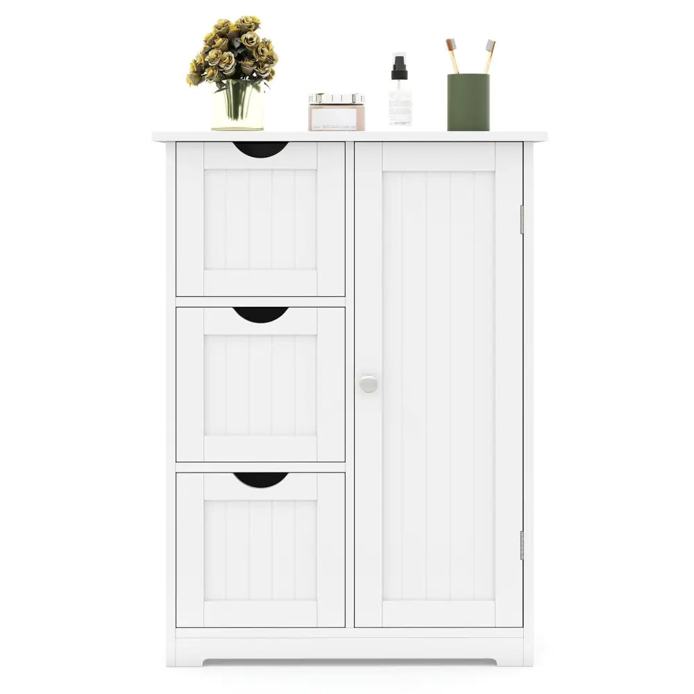 Bathroom Floor Cabinet Side Storage Cabinet with 3 Drawers and 1 Cupboard-White - White - Floor Cabinets