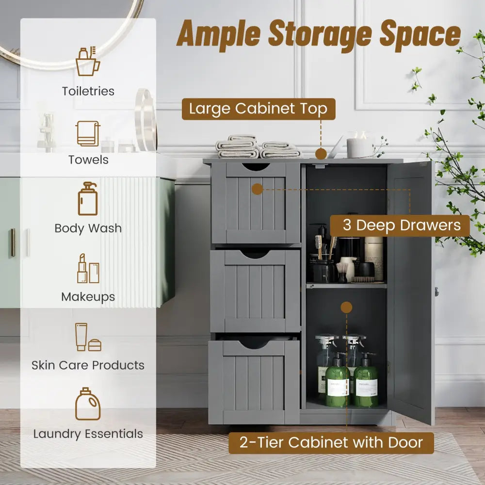 Bathroom Floor Cabinet Side Storage Cabinet with 3 Drawers and 1 Cupboard-Gray - Gray - Floor Cabinets